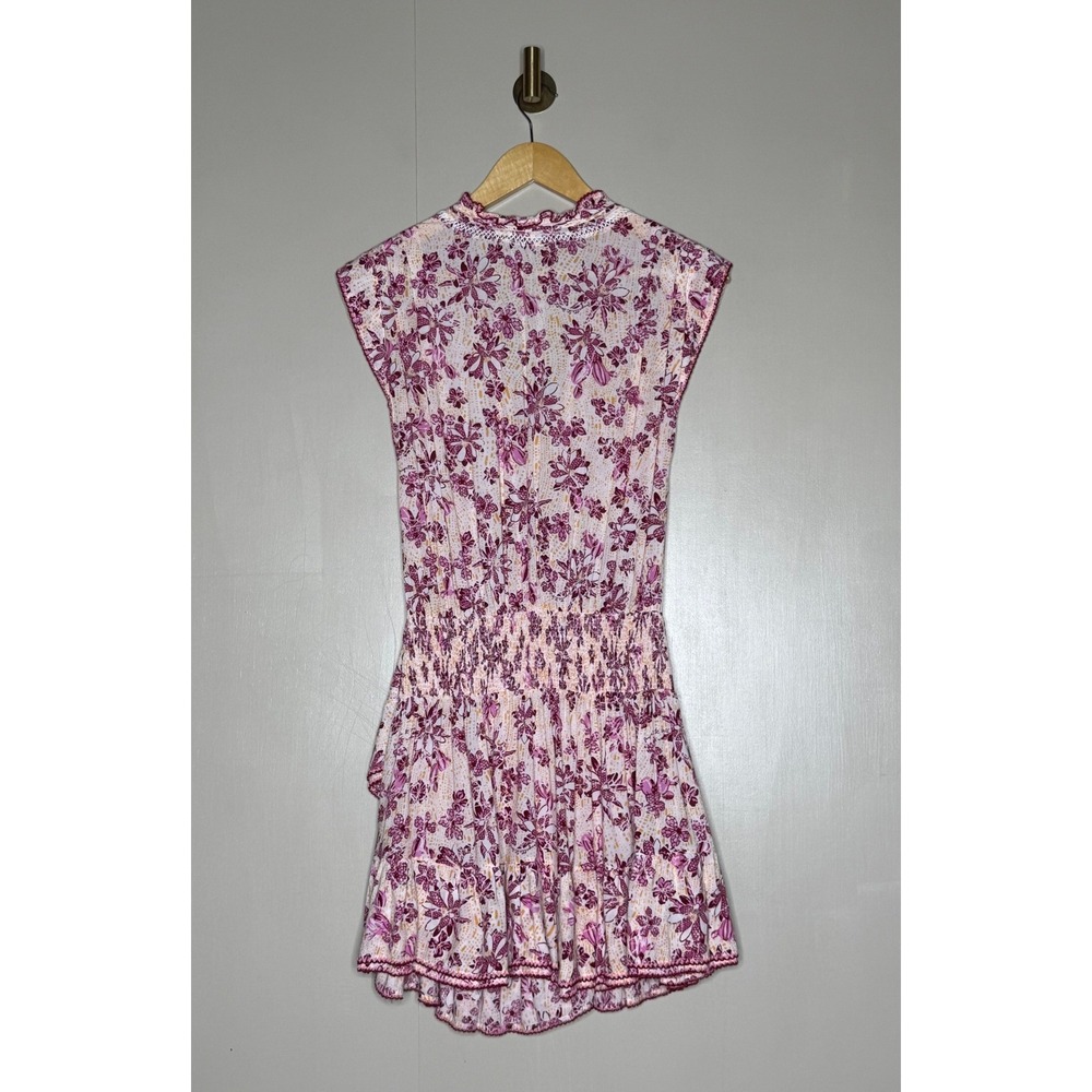 Poupette St Barth Pink Floral Smocked Mini Dress XS Lace Trim Faux Wrap - Picture 5 of 7